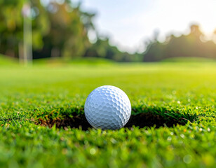 Obraz premium Golf Ball in Hole on Green Course.