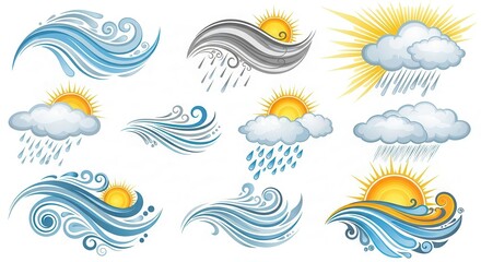 Fototapeta premium Collection of stylized graphic elements representing various meteorological conditions and water movement