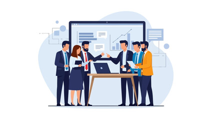 Business Team Meeting Analyzing Financial Charts on Screen and Laptop