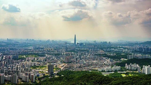 Seoul city panorama with Lotte World Tower and moving clouds in South Korea timelapse