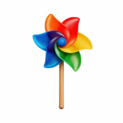 Realistic rainbow pinwheel toy with colorful plastic blades isolated on transparent background.