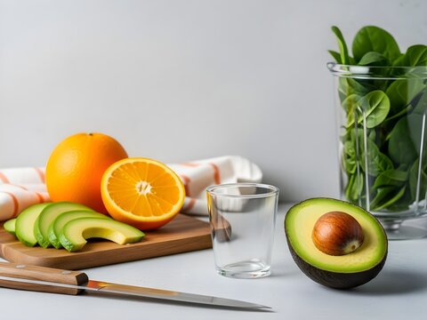 Clean studio still life composition of vibrant green and orange fresh ingredients, like sliced avocado and spinach, being prepared for a healthy smoothie on a wooden board against a gray background.