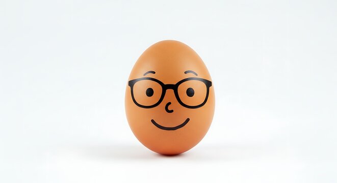 A single brown egg with a drawn face and glasses on a white background in a studio setting indoors