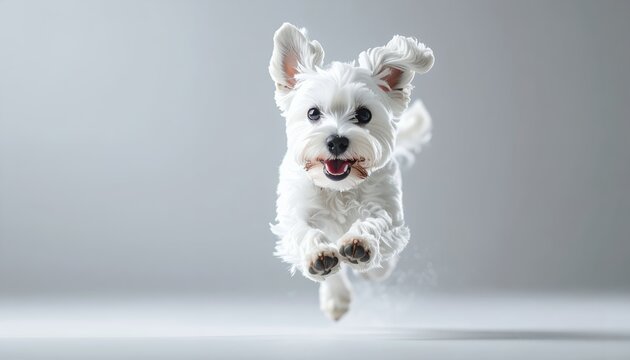 Joyful Maltese dog mid-air, capturing pure happiness.