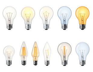 A compilation of various incandescent light bulbs, showcasing different bulb shapes and illumination colors