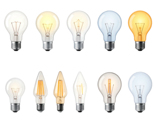 A compilation of various incandescent light bulbs, showcasing different bulb shapes and illumination colors