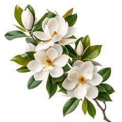 A close-up image of a branch with several large, white magnolia flowers and lush green leaves against a transparent background.