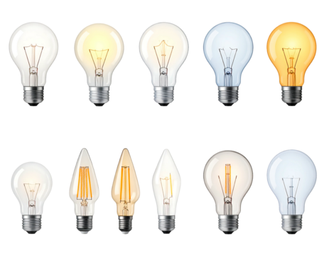 A compilation of various incandescent light bulbs, showcasing different bulb shapes and illumination colors - Powered by Adobe