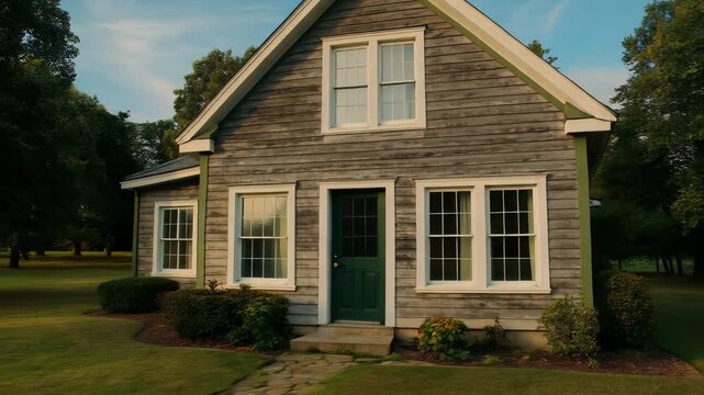 A rustic wooden saltbox house with a green door and white-framed windows, surrounded by trees and grass under a blue sky.