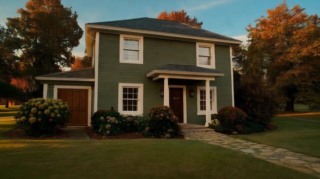 Charming two-story green saltbox house with white trim, surrounded by lush garden and trees, under a clear blue sky.