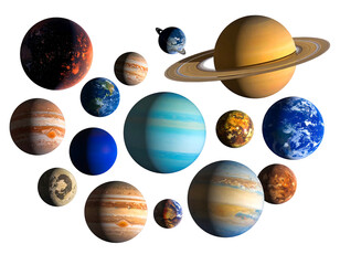 A compilation of vibrant cosmic bodies, showcasing diverse celestial forms against a pitch-black expanse. Planets of various colors, textures, and ring systems