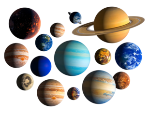 A compilation of vibrant cosmic bodies, showcasing diverse celestial forms against a pitch-black expanse. Planets of various colors, textures, and ring systems