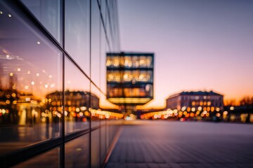 Fototapeta premium Modern building facade reflects glowing city lights at twilight.
