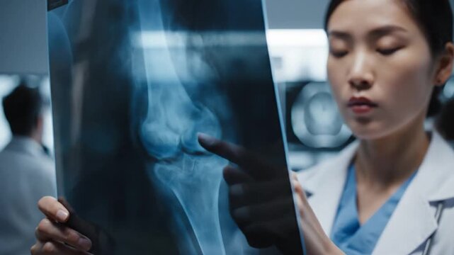 Cinematic slow-motion footage of a professional physician examining a skeletal radiograph scan of a patient's bone fracture to prepare for an upcoming surgical operation in a clinic.
