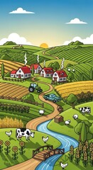 Obraz premium Idyllic rural landscape depicts various farming activities nestled among rolling green hills at sunrise