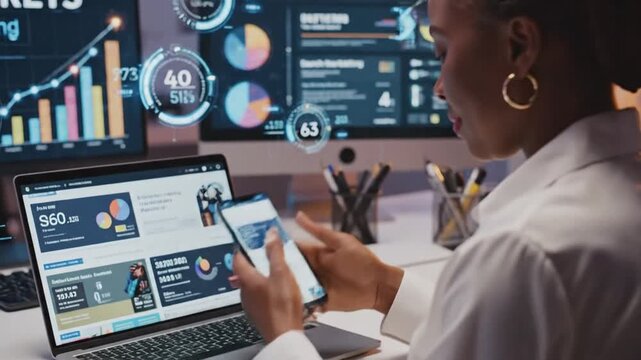 Cinematic professional woman utilizing laptop computer and smartphone for digital marketing search engine optimization analysis in modern office environment slow motion