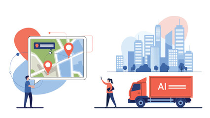 AI-powered logistics and delivery service with a man planning routes on a map and a truck navigating a smart city for efficiency.