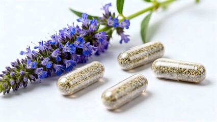 Anise Hyssop herbal supplement capsules and fresh purple Anise Hyssop herb 