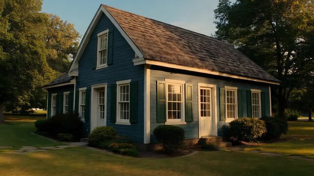 A charming blue saltbox wooden cottage with white trim surrounded by lush greenery.