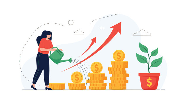 Businesswoman watering stacks of coins to cultivate financial growth, symbolizing a successful investment strategy and high return on investment.