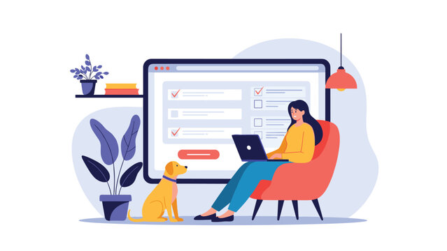 Young woman working from home with her pet dog, filling out an online survey and checklist on her laptop in a cozy chair.