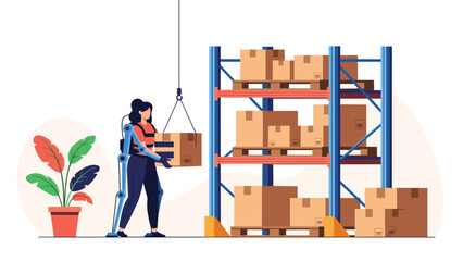 Female warehouse worker using a powered exoskeleton for assistance in lifting heavy boxes, showcasing future logistics technology.