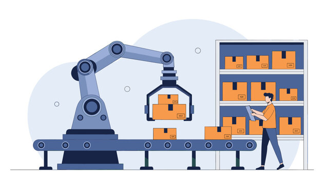 Warehouse automation system with a robotic arm on a conveyor belt sorting packages, supervised by a worker with a digital tablet.