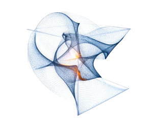 A complex, abstract digital artwork featuring intricate lines and shapes, with a central light source emitting a warm glow. The composition floats on a black backdrop