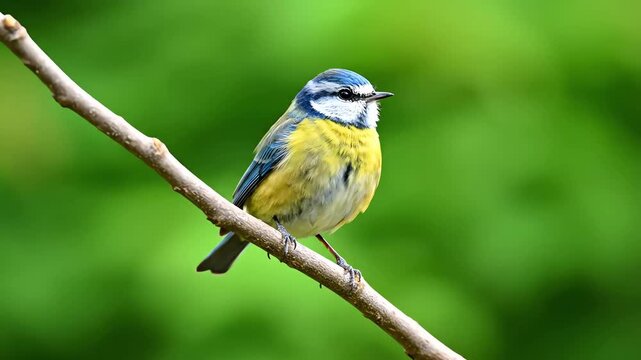 Close-up of a vibrant Blue Tit (Cyanistes caeruleus) perched on a thin branch against a soft, blurred green forest background during spring.