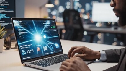 Cinematic slow motion shot showcasing a professional technical support agent providing customer service using modern internet network technology in a futuristic call center environment. - Powered by Adobe