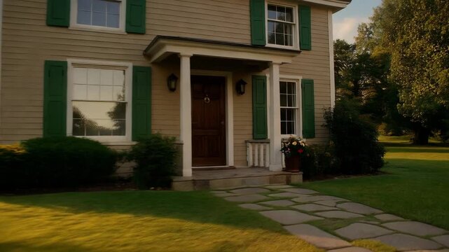 Charming suburban saltbox house with green shutters and a stone path.