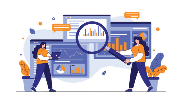 Two female data analysts collaborating on a detailed market research project, using various tools to examine charts and graphs.