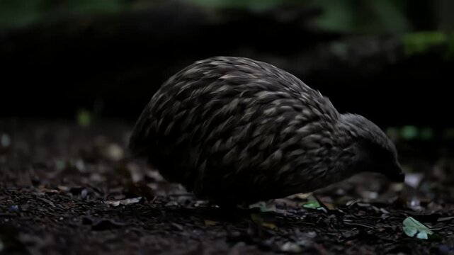 Weka (Gallirallus australis) Flightless Bird Foraging on the Forest Ground in Low Light Conditions