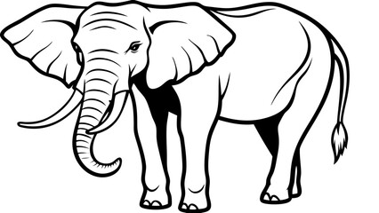 Obraz premium Illustration of a large elephant with tusks and big ears in black and white outline style image on transparent background silhouette