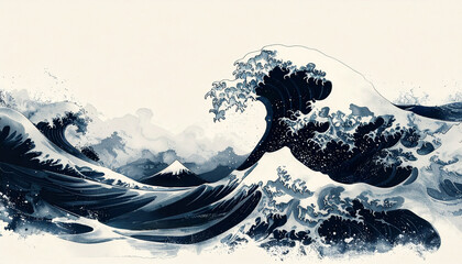 A brush-drawn ink painting of a large, dynamic wave　筆で描いた躍動する大波の墨絵