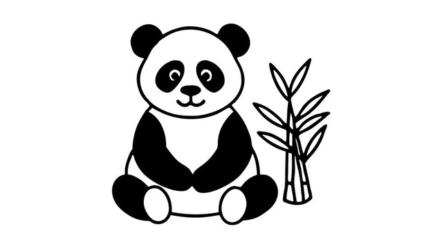 Illustration of a panda bear sitting next to bamboo shoots in black and white minimalist style on transparent background silhouette