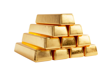 Gold bars pile golden yellow rectangle isolated on cutout PNG or transparent background. Financial success, business investment and wealth concept. Assets have business value.