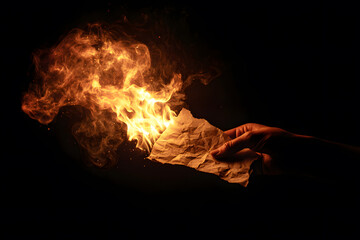 Close-up of man's hand holding burning sheet of paper on dark black background. Along with smoke and scorching orange flames. Sheet with handwritten text. Blur. Outside the room. Selective Focus