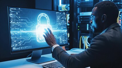 Cinematic slow motion visual representing data protection privacy concept with GDPR compliance and cyber security digital network interface used by a person in high resolution 4k detail - Powered by Adobe