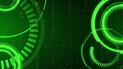 Dynamic futuristic green digital background with rotating hud interface elements - Powered by Adobe