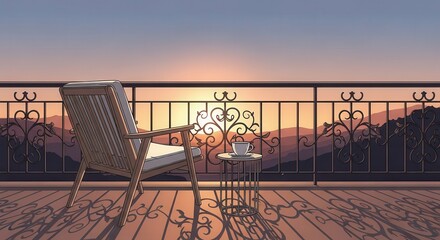 Naklejka premium Wooden outdoor chair and small table sit upon a balcony overlooking a mountainous landscape during sunrise or sunset