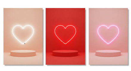 Set of 3D podium valentine day background with pink, red, white cylinder pedestal. Glow neon heart shape backdrop. Vector geometric platform. Mockup product display. Minimal wall scene. Stage