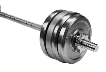 Chrome metal dumbbell with weight plates for gym workout isolated on a transparent background