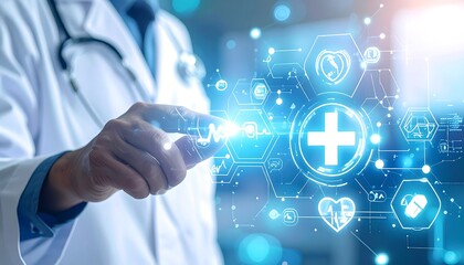 Doctor Interacting with Futuristic Medical Technology Interface.