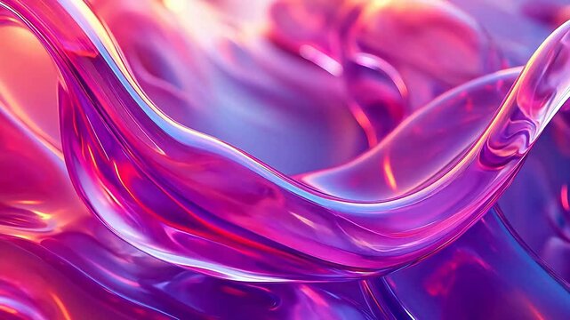 Abstract purple and pink fluid wave background, smooth holographic liquid texture, 3D render footage for fashion beauty or cyberpunk concept, showing vibrant energy.