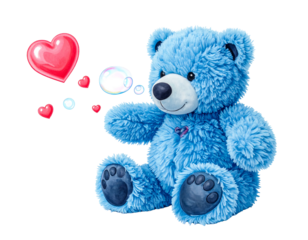 A cute, blue teddy bear is depicted with a smiling expression. It is surrounded by cartoon hearts and a thought bubble