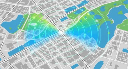 Fototapeta premium Illuminated signal waves spread across an urban street grid overlaying parkland areas