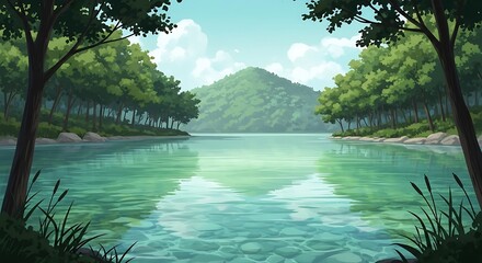 Fototapeta premium Serene Lake with Lush Green Trees and Distant Mountain Under a Clear Sky.