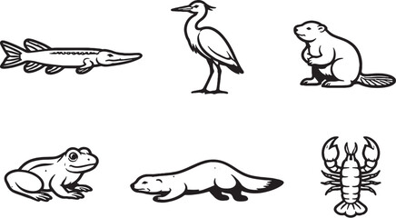 Wetland animals black and white line art icon set eps © VanChien