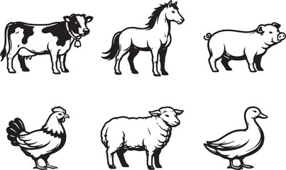 Fototapeta premium Farm animals black and white line art icon eps